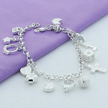 Silver 925 Jewelry Star Moon CZ Charm Bracelet Fashion Jewelry Cross Chain Bracelet 20cm For Women Gift