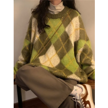 Retro Green Pullovers Women Cozy Minimalist BF Style Autumn Argyle Casual Harajuku Baggy Sweater Long Sleeve All-match Knitwear