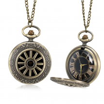 1 Pcs Bronze Quartz Pocket Watch Roman Numerals Dial Hollow Wheel Case with Chain LL@17