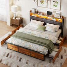 Letto con cuscino Aura in legno, 180x200 cm, letto matrimoniale con struttura in ferro con luci a LED e 4 cassetti, letto imbottito con rete a doghe