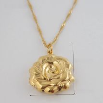 YELLOW GOLD COLOR OVERLAY FILLED BRASS 18" water wave NECKLACE & VIVID ROSE FLOWER PLAIN SURFACE PENDANT