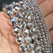 Faceted Natural Stone Silver Plated Hematite Round Loose Beads For Jewelry Making DIY Bracelet Accessories 15''2/3/4/6/8/10/12mm