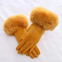 Women Faux Rabit Fur Wrist Suede Leather Touch Screen Driving Glove Winter Warm Plush Thick Full Finger Cycling Black Mitten H92