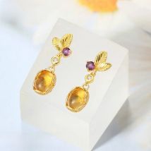 LAMOON 925 Sterling Silver Earrings For Women Citrine Gemstone Drop Earrings Leaf Shape 14K Gold Plated Fine Jewelry LMEI007