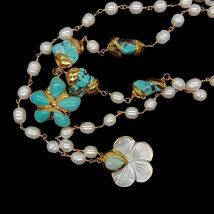 YYGEM natural Cultured White Rice Pearl Wrap   Blue Turquoise Carved Shell Flower Pendant Necklace  19"