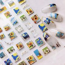 Retro Oil Painting Hot Stamping Sunflower Starry Moon Night Vintage Photo Frame Mirror Bowknot Nail Art Stickers Manicure Decals