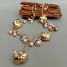 KKGEM Natural Freshwater Cultured White Keshi Pearl Pink Pearl Purple Murano Glass Chain Pearl Y-Drop Necklace