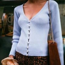 Vintage Stylish Knitting Single Breasted Pearl Cardigan Sweater Woman Deep V-neck Long Sleeve Jumper Stretch Knitwear
