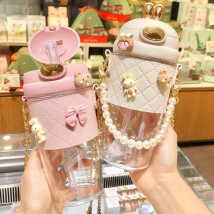 Ins Simple Fashion Plastic Water Bottle For Girls With Leather Sleeve And Strap Straw Adult Pregnant Women Portable Sippy Cups