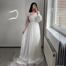 Customized White Long Sleeve Arabic Evening Dress For Women Luxury Chiffon A Line Dubai Formal Prom Party Gown With Lace Bead