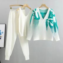 Spring Autumn 3 Piece Women Tracksuits Fashion Knitted Pant Set Ladies Sweater Suit Vintage Fashion Ladies 3 Piece Set