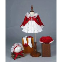 4PCS Baby Girl Autumn Winter Spring Red Velvet Vintage Spanish Princess Dress Lolita Christmas Birthday Wedding Party C1