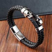 Multi-layer Bracelet Punk Stainless Steel Charm Magnetic Black Men's Leather Bracelets Skull Braided Bangles Jewelry Homme