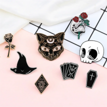 Black Witchcraft Brooches Poker Coffin Witch Hat Rose Enamel Pin Clothes Hijab Lapel Pins Bag Icon Badge Women Men Jewelry Gifts