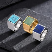 Vnox 13.6mm Signet Rings for Men Women, Punk Geometric Square Top Ring, Natural Stone Stamp Finger Band, Stainless Steel Jewelry