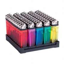 KROWN - Caja de Encendedores Mecheros Piedra Pack 50 Colores Transparente Mechero Desechables con Caja Expositora