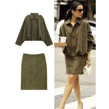 HH Women Vintage Green Suede Skirts Suits Long Sleeve Zipper Lapel Bomber Jackets Back Zipper Midi Skirt Fashion Streetwear