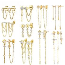 925 Sterling Silver Ear Needle Crystal Long Chain Tassel Stud Earrings For Women Female Party Wedding Jewelry Gift