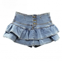 Harajuku Girl High Waist Single-Breasted Ruffles Cake Denim Skirt Woman Summer Sexy Jeans Skirts Students Kawaii Pleated Skirt