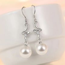 ZDADAN 925 Sterling Silver Long Curved Pearl Drop Earrings For Women Fashion Wedding Party Jewelry Gift
