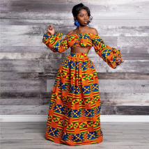 African Clothing National Print 2 Piece Set Women Sexy Slash-neck Long Sleeve Tops +High Slit Maxi Skirt Summer Casual Lady Suit
