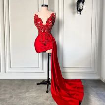 Elegant Halter Sleeveless Beaded Embroidery Women Birthday Party Gowns Black Girl Red Short Prom Dresses 2025 Side Train