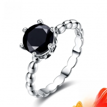 FUIHETYS Women Ring 925 Silver Jewelry Round Shape Obsidian Gemstone Finger Rings for Wedding Engagement Party Gift Accessories