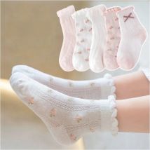 5 Pairs Kids Socks Spring Summer Cotton Girls Socks Cute Flowers Strawberry Pattern Children Baby Sock Mesh Thin Summer Socks