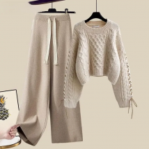 Women's Autumn and Winter Suit Korean Elegant 2025 New Fashion Warm Pullover Knitted Sweater+Loose Wide Leg Pants Two-piece Set