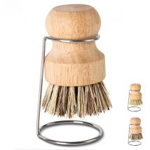 Leeseph Palm Pot Brush, Wood Dishes Brush with Stainless Steel Holder, for Cleaning Dishes, Sinks, Cast Iron Pots and Pan