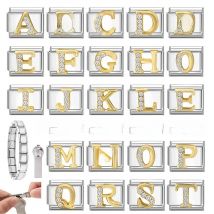 New Girls Italian Bracelet 26 English Letters Charm Stainless Steel Bangle Gold Color Inlaid Zirconia DIY Making Jewelry Gifts