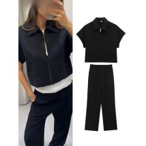 TFMLN Fashion Set For Women Summer 2025 New Slim Lapel Zipper Short Sleeve Coat Top Wide Leg Pants Two Piece Set Leisure Black