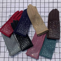 Fashion Diamonds Glove Women Vintage Winter Touch Screen Full Finger Warm Windproof Cycling Driving Female Gloves Mittens