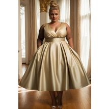 Women's Plus Size Evening Dress Sleeveless Ruched Pleated A-Line Elegant Wedding Maxi Dress V-Neck Gold Satin Party Dresses
