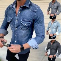New Spring Autumn Men's Jeans Shirt Long Sleeve Denim Shirts for Men Cotton Two Pockets Slim Elastic Denim Shirts Chemise Homme