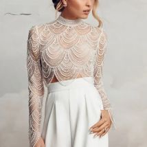 High Neck ornate Jacket With Layers Of Glistening Beads, Bridal Cover-Up. Elegant Scalloped Hem And Bell Sleeves DJ218