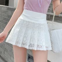 A Line Mini Skirt New Ultra-short Mini Pants Elastic Waist Joker Lace Pleated  Sexy  Fashion Black White Skirt