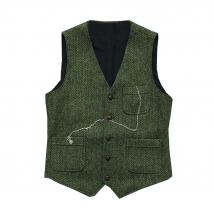 Men's Suit Formal V Neck Wool Green Herringbone Tweed Casual Waistcoat Formal Business Vest Groomman For Wedding