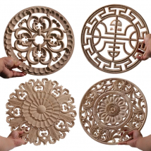 Exquisite Classical Carved Floral Rose Wooden Home Decoration Cabinet Frame Wood Applique Round Flower Decal Onlay Figurines