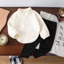 2-piece set of baby girl baby letter embroidery zipper, half open placket, loose long sleeved top and black pants for winter