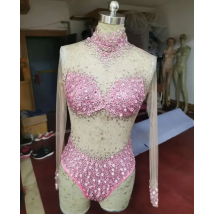 Sexy Mesh Transparent Stones Bodysuit Birthday Party Outfit Rhinestones Rompers Women Singer Team Dance Pink White Blue  Costume