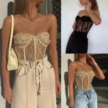 Women Sexy Strapless Sheer Mesh Crop Top Floral Lace See-Through Corset Bustier Club Party Bralette Underwear wholesales