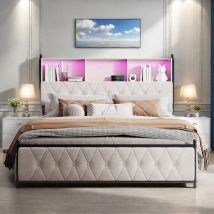 Rosahqnda Letto contenitore matrimoniale con 4 cassetti, LED e USB, letto imbottito, letto per adulti, velluto, beige, 140-160-180*200 cm