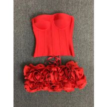 Women Red Bodycon Mini Bandage Outfits Club Party Strapless Laced Up Back Tops And Mini Short Skirts Two Piece Sets Nightwears
