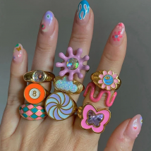 HangZhi 2021 New INS Flower Butterfly Checkered Windmill Dripping Oil Glazed Geometric Chunky Ring for Women Y2K Party Jewelry