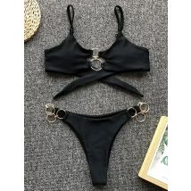 Metal Rings Bikinis Hollow Out Bikini Women Swimsuit Female Brazilian Swimwear Two Pieces Bikini Set High Cut Bathing Suit Swim
