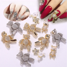 3D Luxury Gold Silver Color Bear Alloy Zircon Nail Art Decorations Shiny Crystals Nail Jewelry Rhinestone Nails Accessories