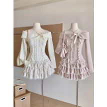 Autumn Winter New Two Piece Set Kawaii Bow Off Shoulder Long Sleeve Tops + Y2k High Waist Ruched Cake Skirt Japanese Pink Suits