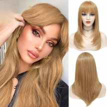 Strawberry Blonde Brown Wig With Bangs Cosplay Synthetic Hair Wigs X-TRESS Medium Length 20inch Straight Wig Hairpiece For Women