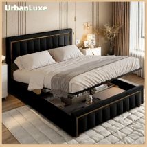 UrbanLuxe 140x200 cm, letto imbottito con testiera, letto contenitore, letto con contenitore, rete a doghe, flanella nera